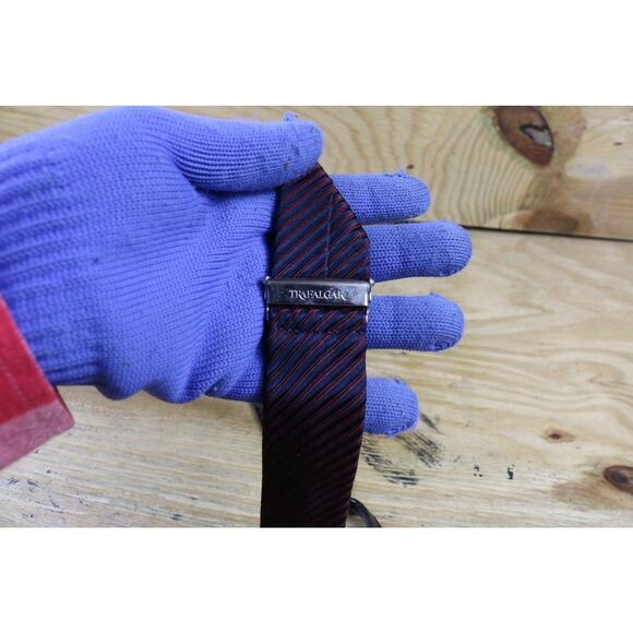 Trafalgar Silk Blue Red Striped Suspenders 1.375" Wide Black Leather Attachments - Picture 7 of 9